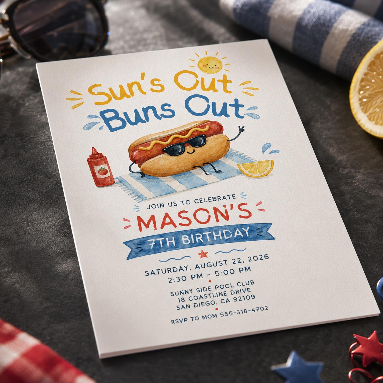 Hot Dog Birthday Invitation, Suns Out Buns Out Pool Party Invite, Summer Cookout BBQ, Editable Printable Canva Template - Image 4
