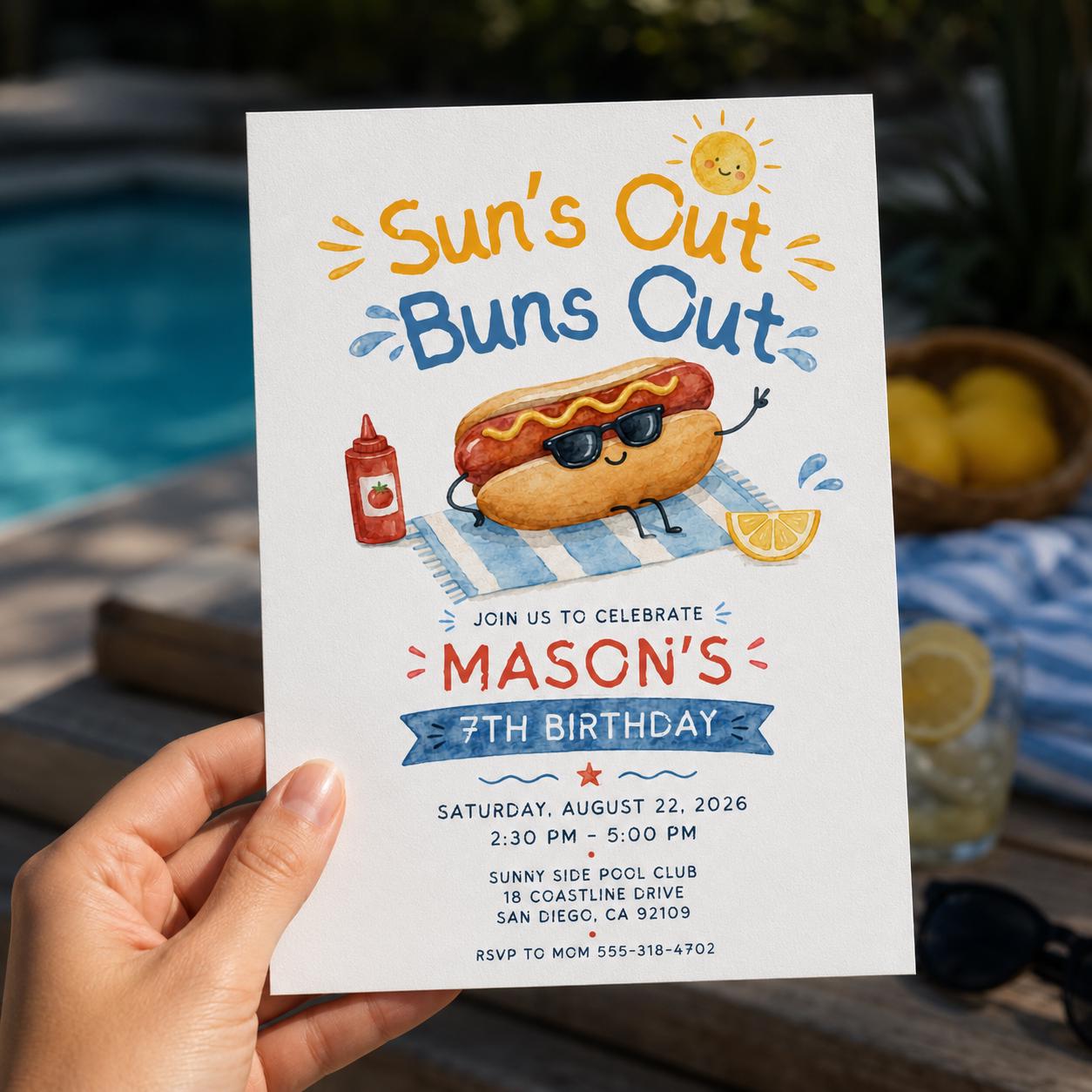 Hot Dog Birthday Invitation, Suns Out Buns Out Pool Party Invite, Summer Cookout BBQ, Editable Printable Canva Template - Image 5