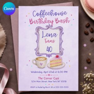 Coffee Birthday Invitation, Coffeehouse Party Invite, 40th Celebration, Latte and Cake Editable Printable Canva Template