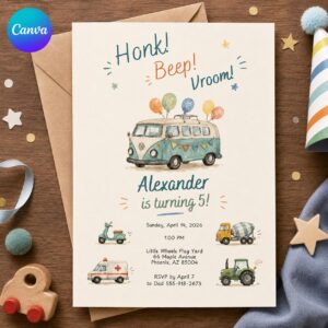 Transportation Birthday Invitation, Watercolor Vehicle Party Invite, Cars Trucks Bus Boy Birthday, Editable Printable Canva Template