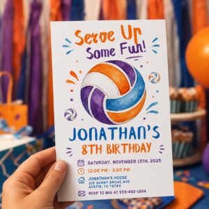 Volleyball Birthday Invitation, Sports Party Invite for Kids, Printable Digital Evite, Editable Canva Template