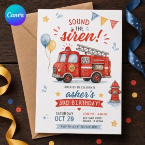 Fire Truck Birthday Invitation, Firefighter Party Invite, Sound the Siren Printable, Editable Canva Template