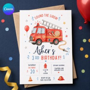 Fire Truck 3rd Birthday Invitation, Firefighter Party Sound the Siren Boy Invite, Editable Printable Canva Template