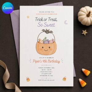 Halloween 4th Birthday Invitation, Cute Pumpkin Candy Trick or Treat Kids Party, Editable Printable Canva Template