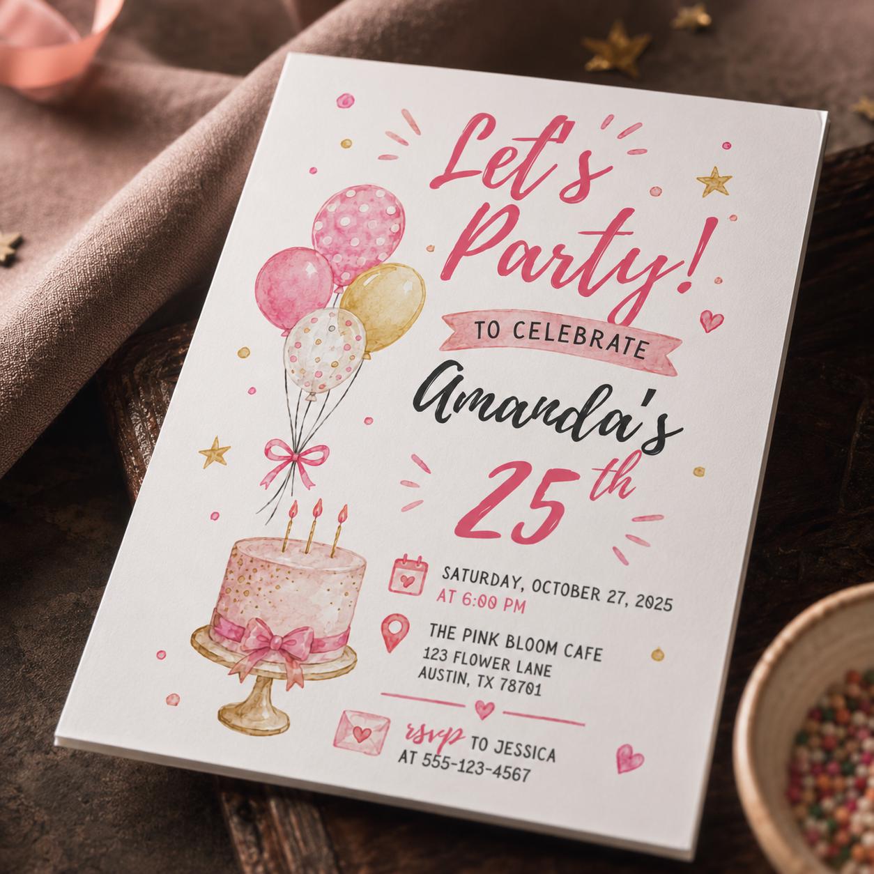 25th Birthday Invitation for Her, Pink Balloon and Cake Party Invite, Editable Printable Canva Template - Image 5