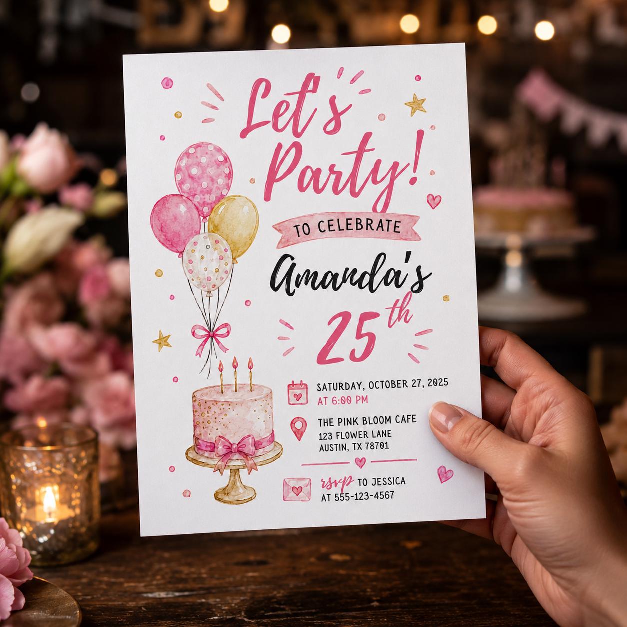 25th Birthday Invitation for Her, Pink Balloon and Cake Party Invite, Editable Printable Canva Template - Image 3