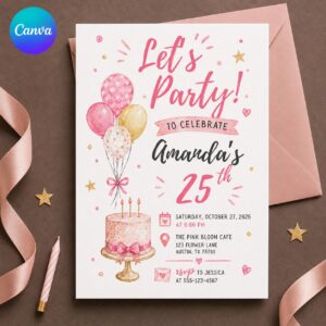 25th Birthday Invitation for Her, Pink Balloon and Cake Party Invite, Editable Printable Canva Template