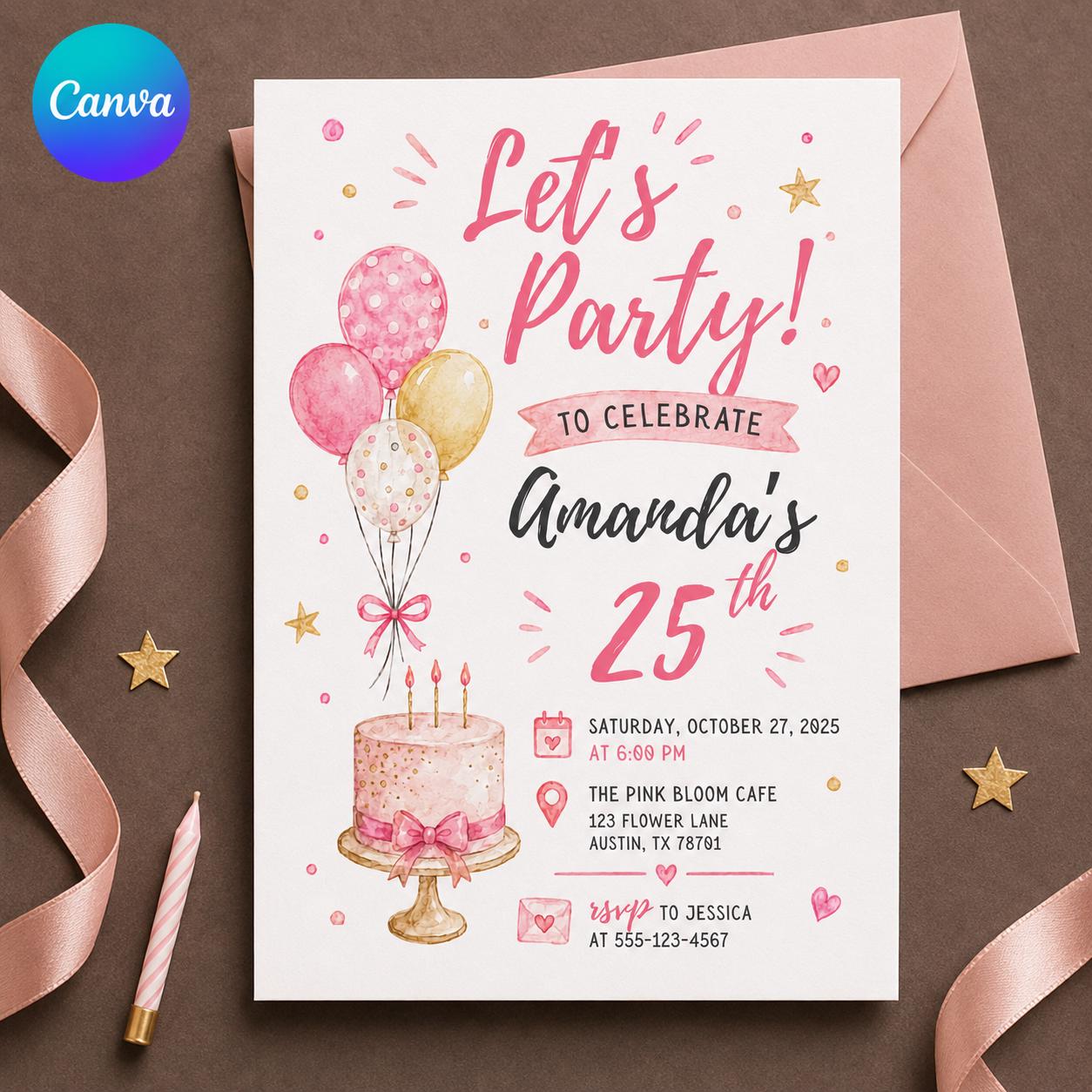 25th Birthday Invitation for Her, Pink Balloon and Cake Party Invite, Editable Printable Canva Template
