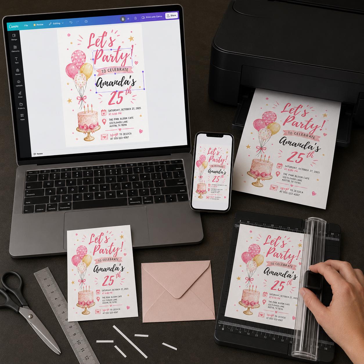 25th Birthday Invitation for Her, Pink Balloon and Cake Party Invite, Editable Printable Canva Template - Image 4