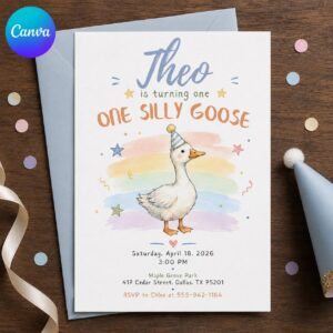 One Silly Goose First Birthday Invitation, Pastel Watercolor Goose Party Editable Printable Canva Template