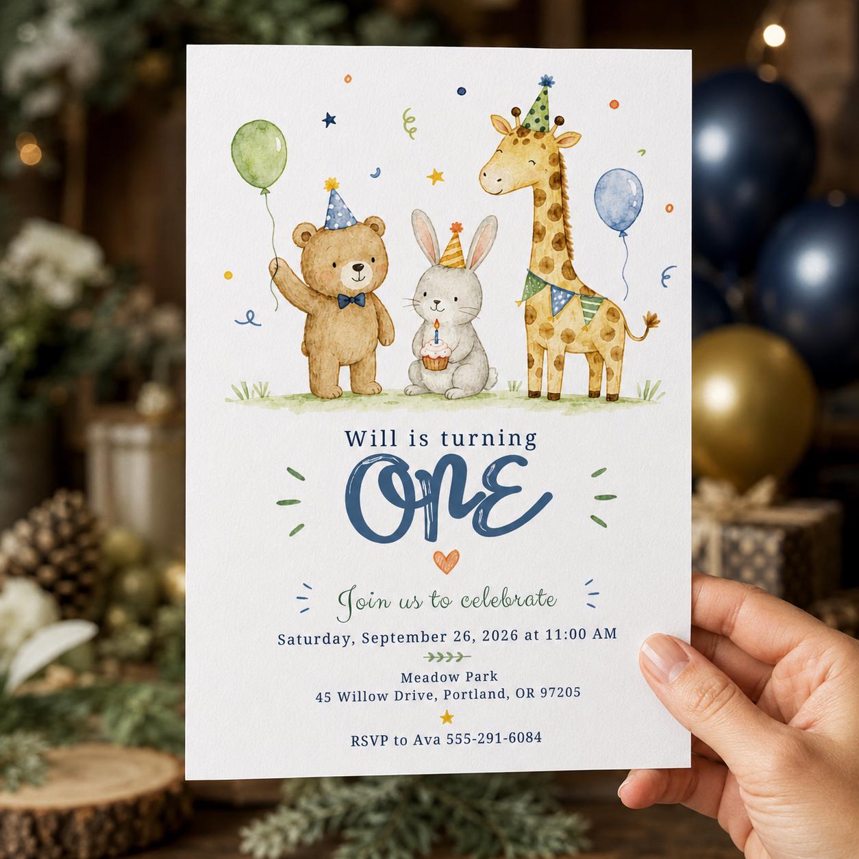Safari First Birthday Invitation, Party Animals Zoo Invite, Watercolor Boy or Girl Editable Printable Canva Template - Image 5