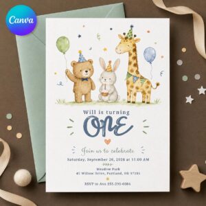 Safari First Birthday Invitation, Party Animals Zoo Invite, Watercolor Boy or Girl Editable Printable Canva Template
