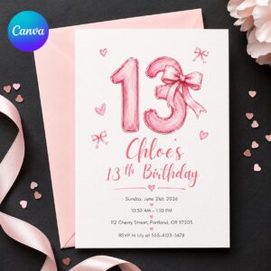 13th Birthday Invitation Girl, Pink Bow Coquette Teen Party Invite, Watercolor Editable Printable Canva Template