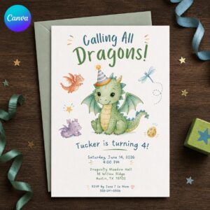 Dragon Birthday Invitation, Calling All Dragons Party Invite, Cute Watercolor 4th Birthday, Editable Printable Canva Template