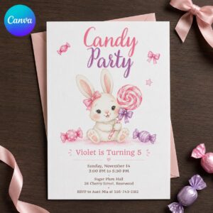 Candy Birthday Invitation, Bunny Lollipop Party Invite, Sweet Girl 5th Birthday, Watercolor Editable Printable Canva Template