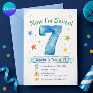 7th Birthday Invitation, Watercolor Number Seven Kids Party Invite, Colorful Printable Editable Canva Template