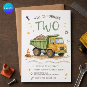 Dump Truck 2nd Birthday Invitation, Construction Party for Boys, Editable Printable Canva Template