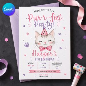 Cat Birthday Invitation, Purr-fect Kitty Party Invite, Watercolor Girl 5th Birthday Editable Printable Canva Template