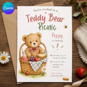 Teddy Bear Picnic Birthday Invitation, Girl 7th Birthday Party Invite, Watercolor Editable Printable Canva Template