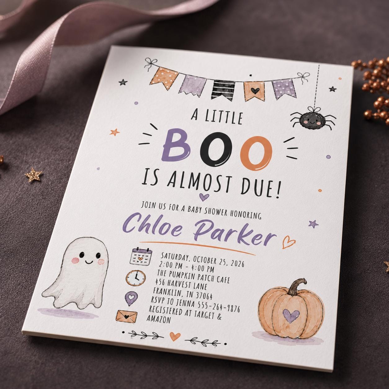 Little Boo Baby Shower Invitation, Halloween Ghost Pumpkin Party Invite, Editable Printable Canva Template - Image 6