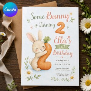 Some Bunny Is Two Birthday Invitation, Girl 2nd Birthday Party Invite, Spring Daisy Rabbit Printable Editable Canva Template
