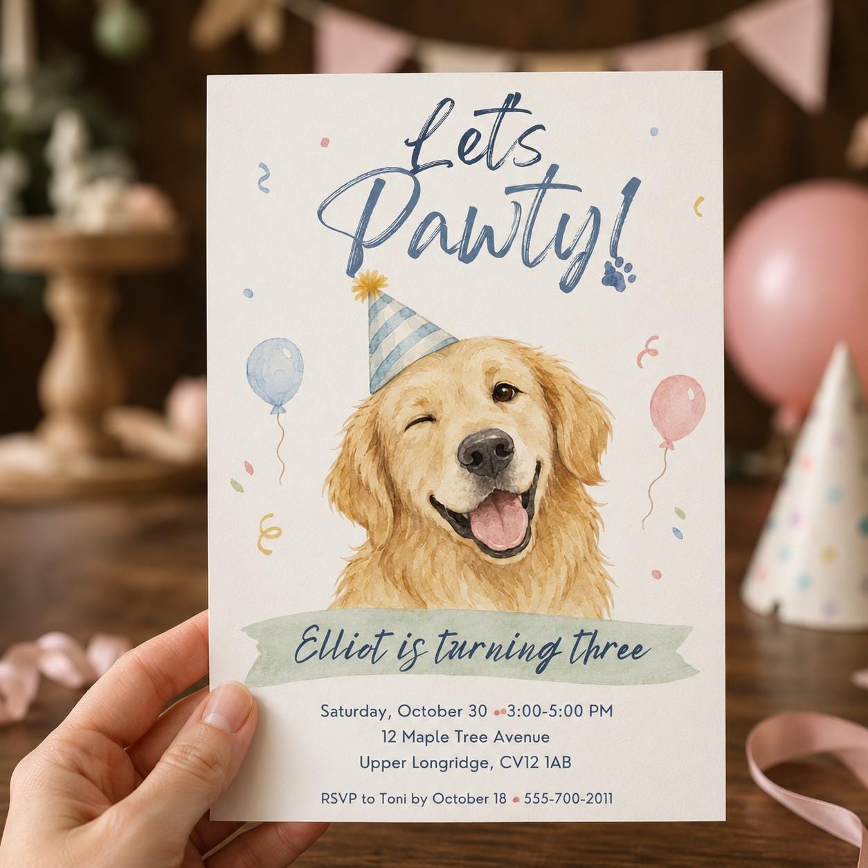 Puppy Birthday Invitation, 3rd Birthday Dog Pawty Invite, Golden Retriever Watercolor Printable Editable Canva Template - Image 4