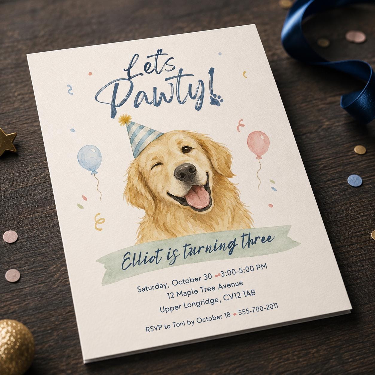 Puppy Birthday Invitation, 3rd Birthday Dog Pawty Invite, Golden Retriever Watercolor Printable Editable Canva Template - Image 6