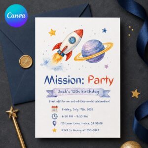Space Birthday Invitation, 12th Birthday Rocket Party Invite, Watercolor Planets Printable Editable Canva Template