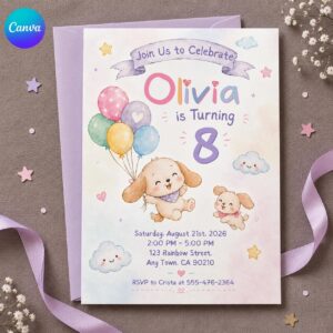 Puppy Birthday Invitation, 8th Birthday Dog Party Invite for Girl, Pastel Watercolor Printable Editable Canva Template