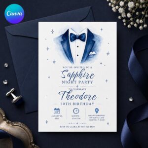 50th Birthday Invitation for Him, Navy Blue Tuxedo Black Tie Party, Elegant Editable Printable Canva Template