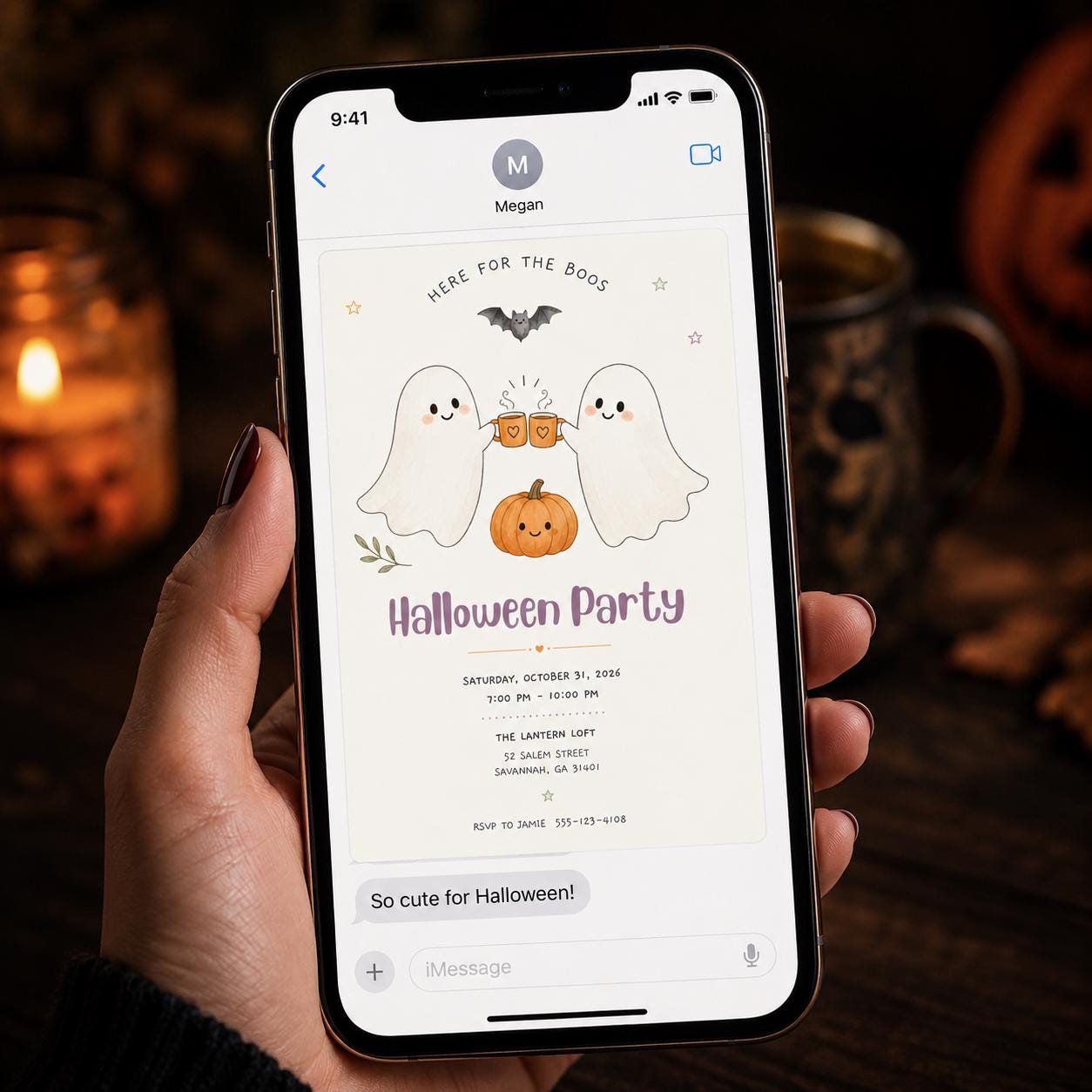 Cute Ghost Halloween Party Invitation, Here for the Boos Pumpkin Costume Party, Editable Printable Canva Template - Image 3