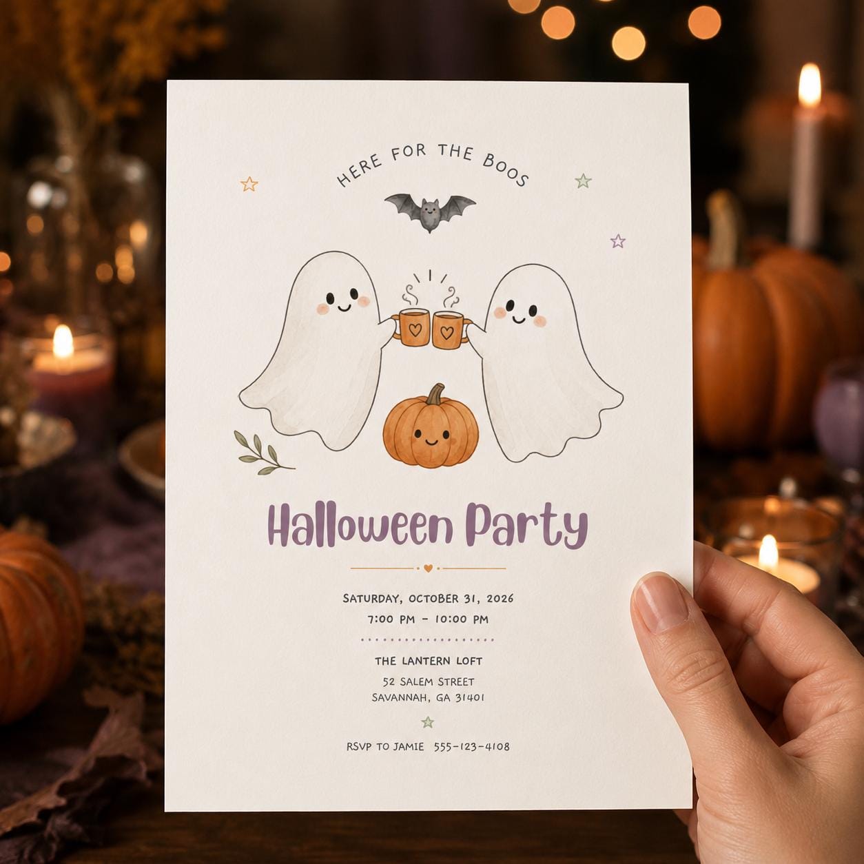 Cute Ghost Halloween Party Invitation, Here for the Boos Pumpkin Costume Party, Editable Printable Canva Template - Image 4