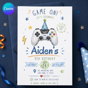 Video Game 8th Birthday Invitation, Level 8 Unlocked Gamer Controller Party for Boys, Editable Printable Canva Template