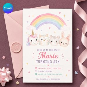 Rainbow 6th Birthday Invitation, Cute Pastel Unicorn Owl Bunny Animal Party for Girls, Editable Printable Canva Template