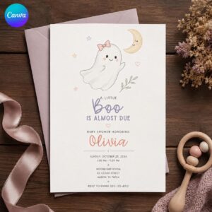 Little Boo Baby Shower Invitation, Cute Ghost Halloween Girl Shower Invite, Pastel Printable Editable Canva Template