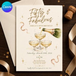 50th Birthday Invitation, Fifty and Fabulous Champagne Party Invite for Women, Elegant Printable Editable Canva Template