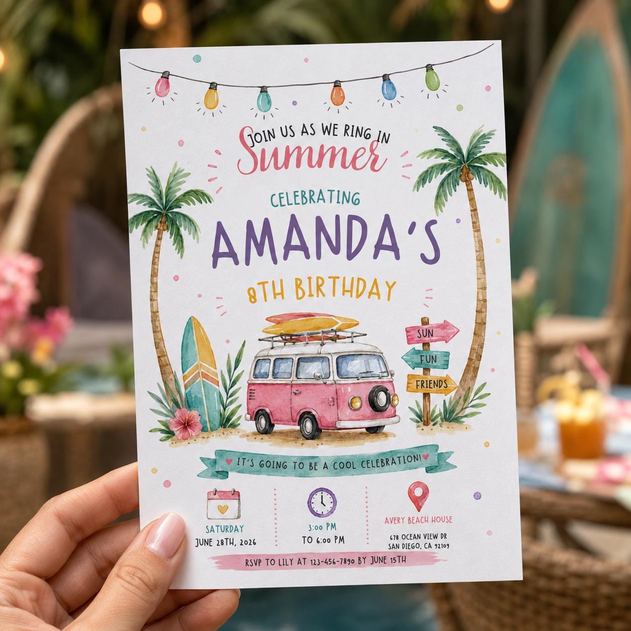 Beach Birthday Invitation, Summer Surf Van Party Invite, Tropical 8th Birthday Printable Editable Canva Template - Image 4