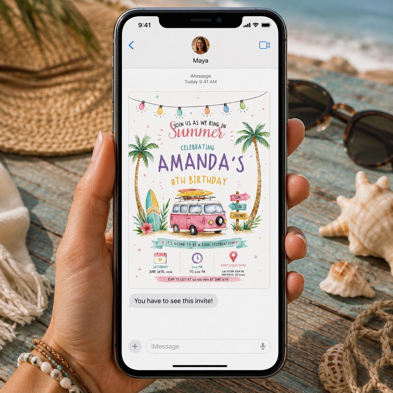 Beach Birthday Invitation, Summer Surf Van Party Invite, Tropical 8th Birthday Printable Editable Canva Template - Image 3