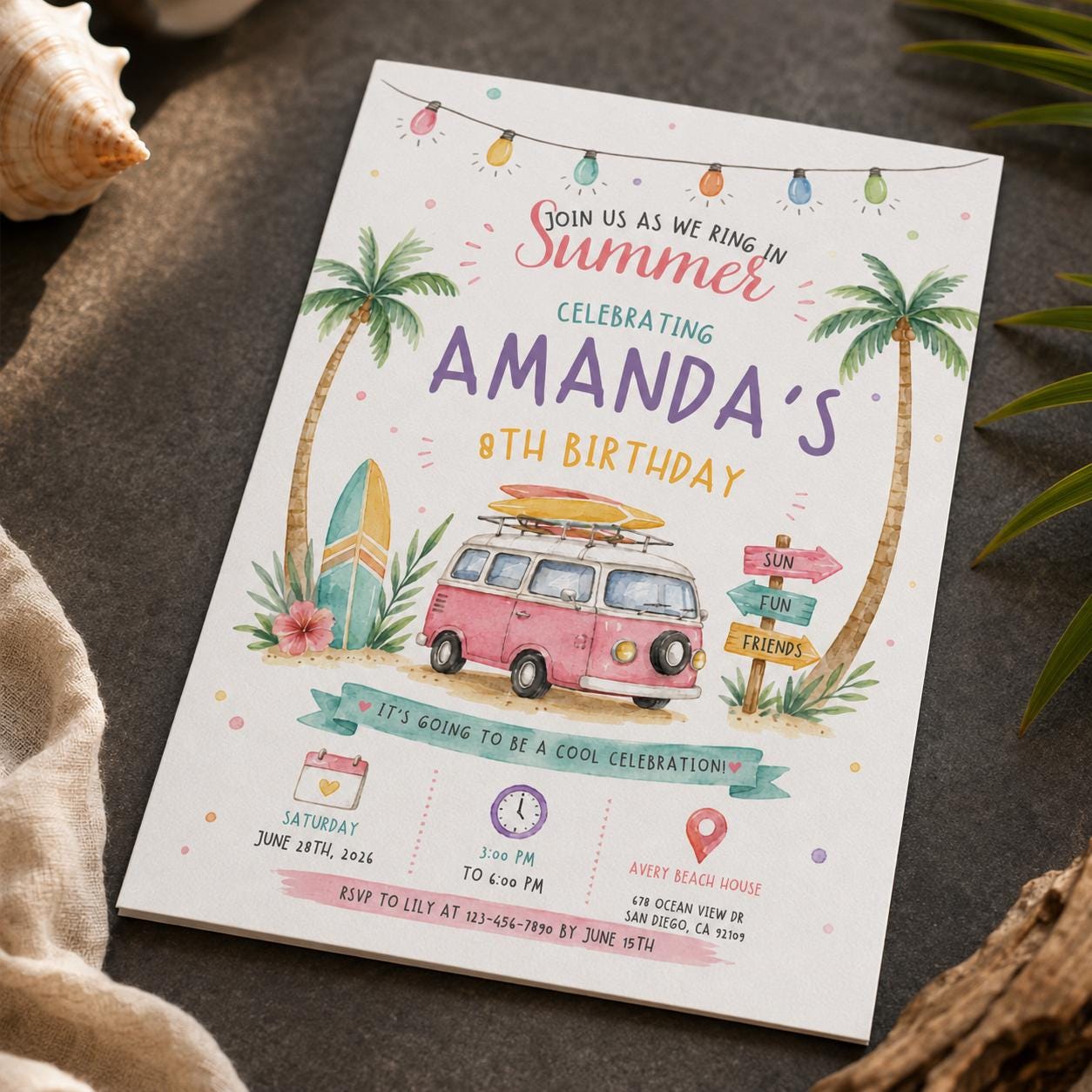 Beach Birthday Invitation, Summer Surf Van Party Invite, Tropical 8th Birthday Printable Editable Canva Template - Image 6