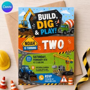 Construction 2nd Birthday Invitation, Build Dig and Play Truck Party for Boys, Editable Printable Canva Template