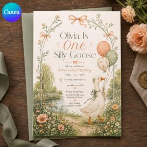 One Silly Goose First Birthday Invitation, Cottagecore Goose Party, Floral Bow Editable Printable Canva Template