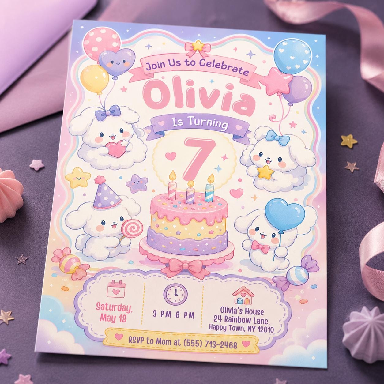 Puppy 7th Birthday Invitation, Cute Pastel Dog Party, Kawaii Rainbow Editable Printable Canva Template - Image 6
