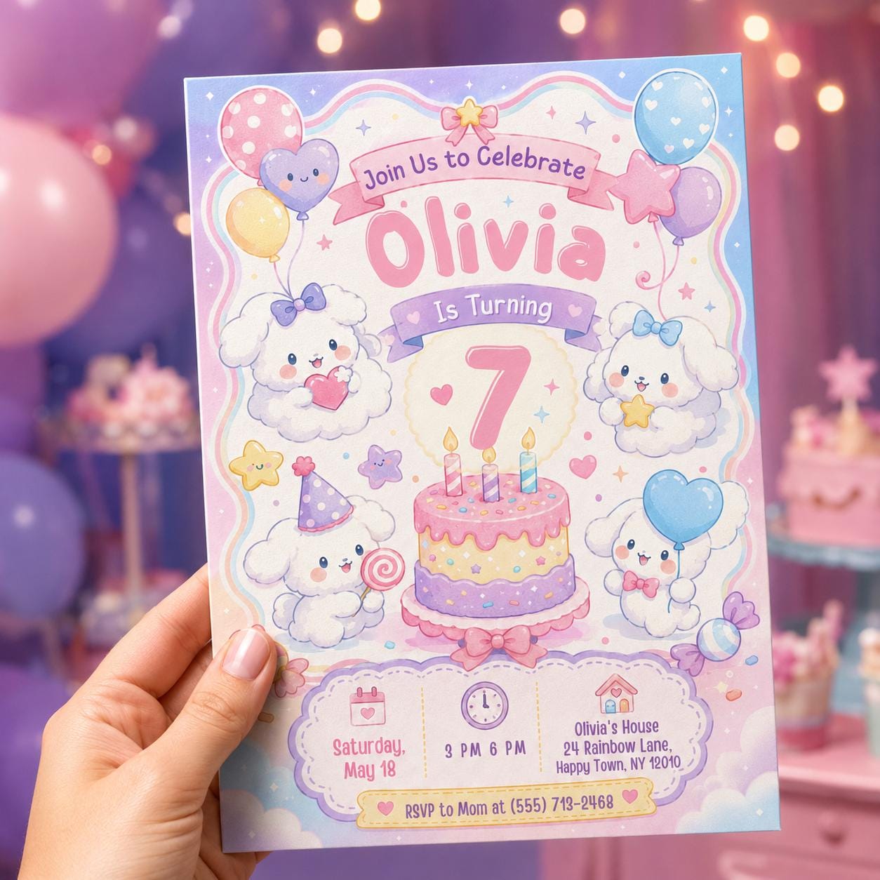 Puppy 7th Birthday Invitation, Cute Pastel Dog Party, Kawaii Rainbow Editable Printable Canva Template - Image 4