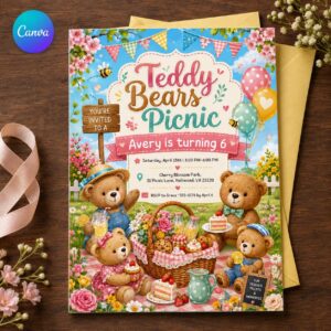 Teddy Bear Picnic Birthday Invitation, Garden Party Girl 6th Birthday, Editable Printable Canva Template