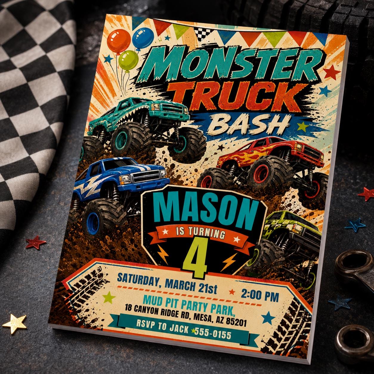 Monster Truck Birthday Invitation, 4th Birthday Truck Bash for Boys, Editable Printable Canva Template - Image 3