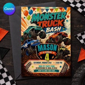 Monster Truck Birthday Invitation, 4th Birthday Truck Bash for Boys, Editable Printable Canva Template