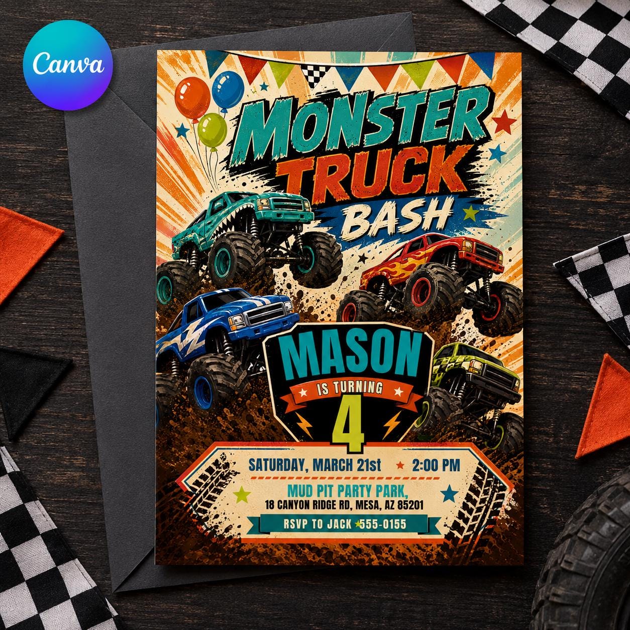 Monster Truck Birthday Invitation, 4th Birthday Truck Bash for Boys, Editable Printable Canva Template