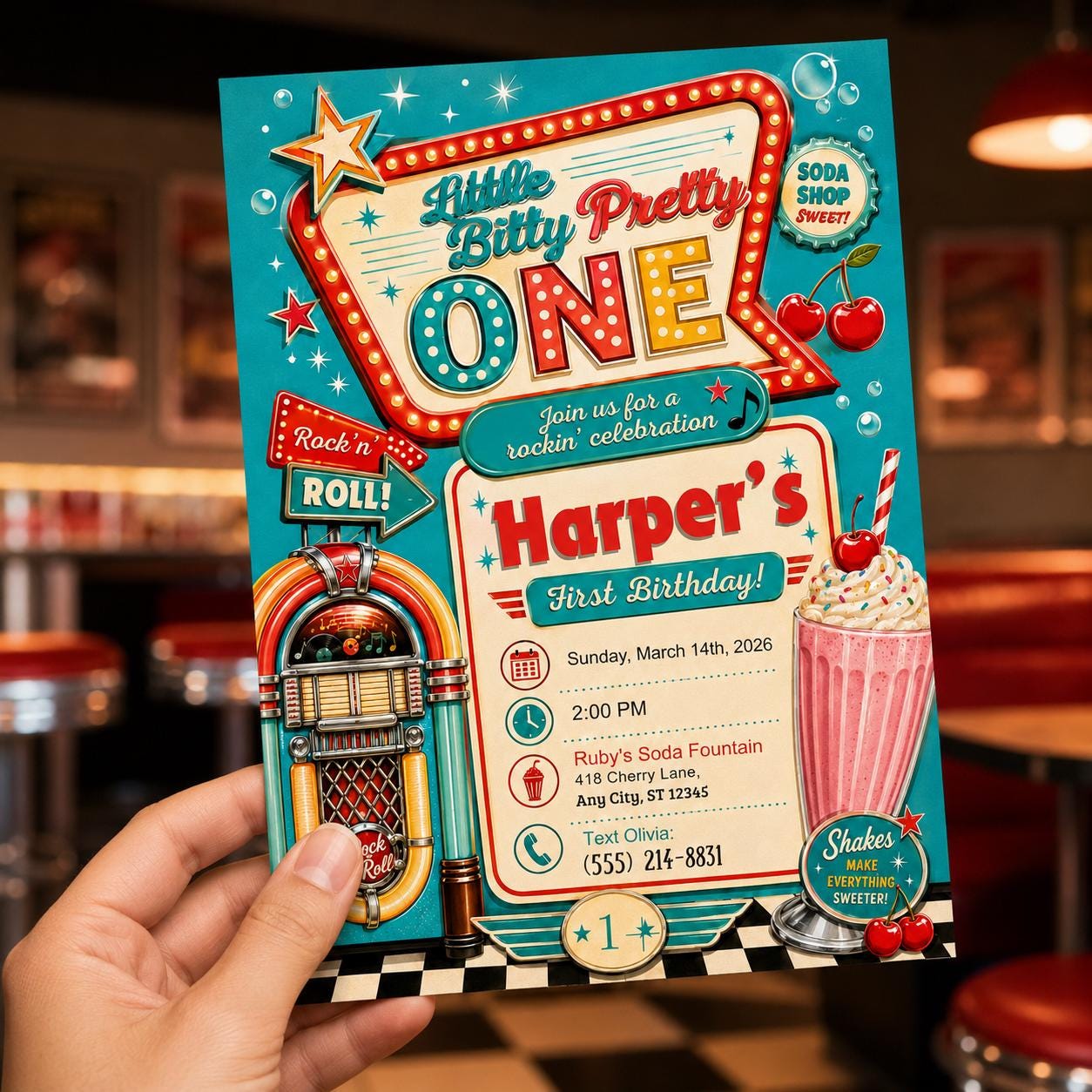 50s Diner First Birthday Invitation, Little Bitty Pretty One Retro Jukebox Party Invite, Editable Printable Canva Template - Image 3