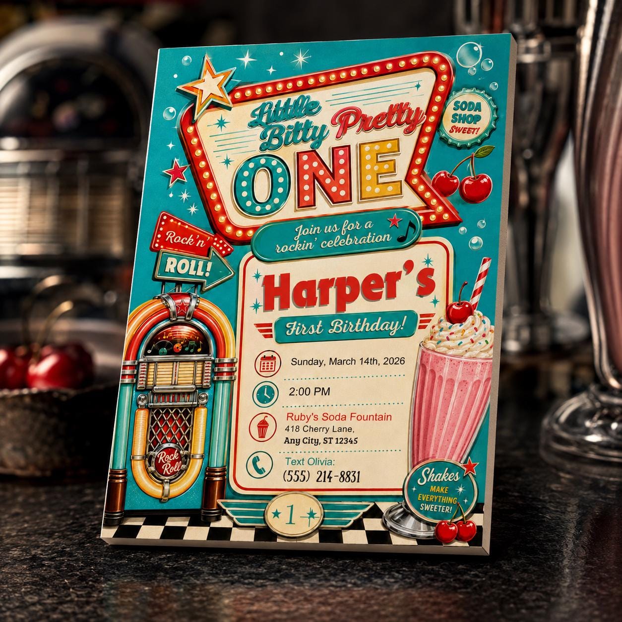 50s Diner First Birthday Invitation, Little Bitty Pretty One Retro Jukebox Party Invite, Editable Printable Canva Template - Image 5