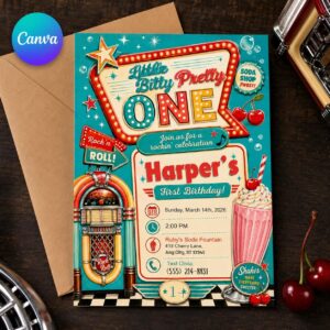 50s Diner First Birthday Invitation, Little Bitty Pretty One Retro Jukebox Party Invite, Editable Printable Canva Template